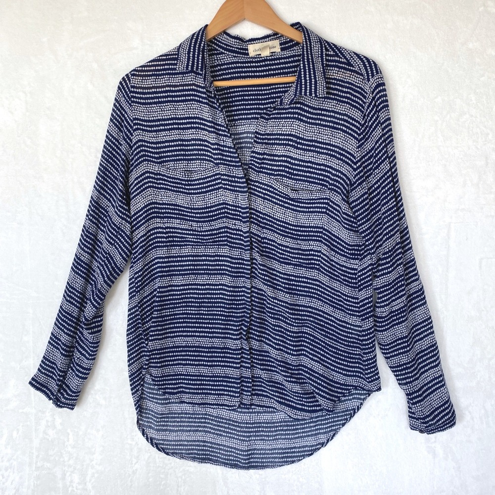 Anthropologie Cloth & Stone Navy White Dot Print Button Down Shirt Women's Med